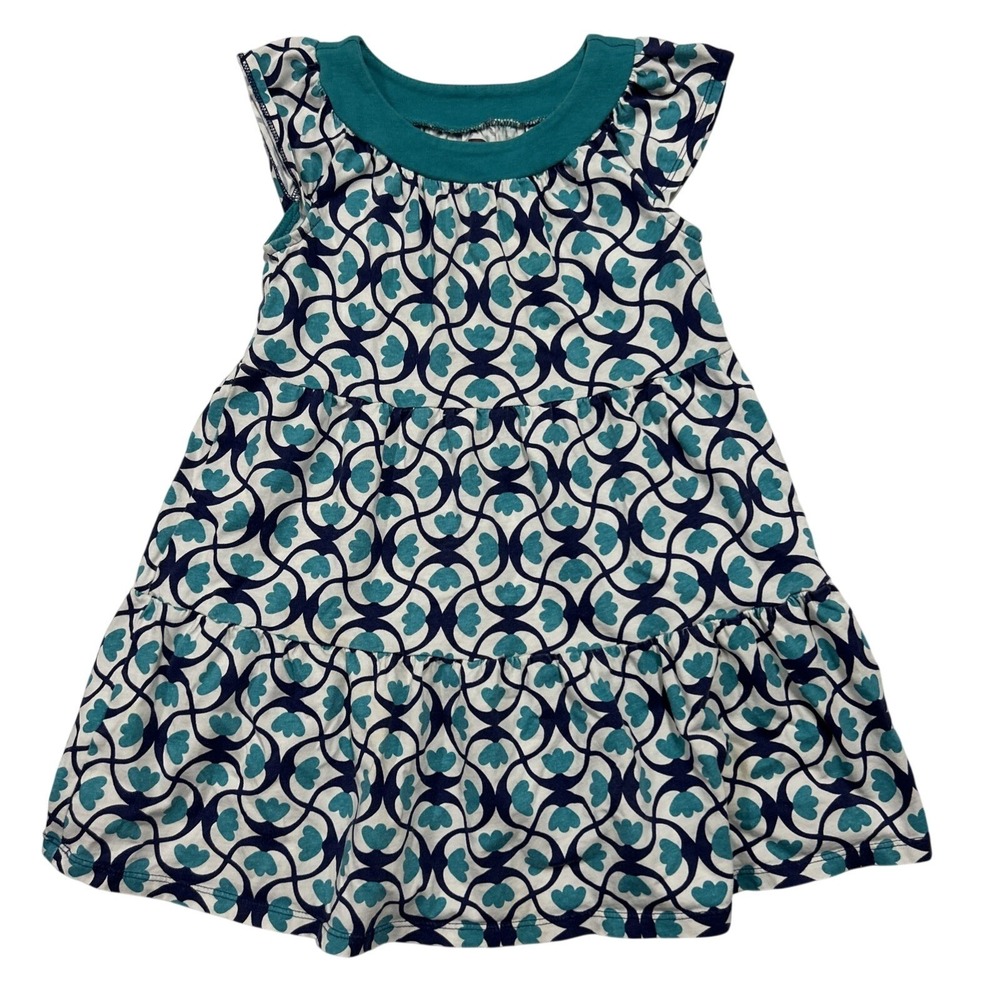 Tea Collection Girls Dress 5 100% Cotton Play Teal Print Floral Geometric Print